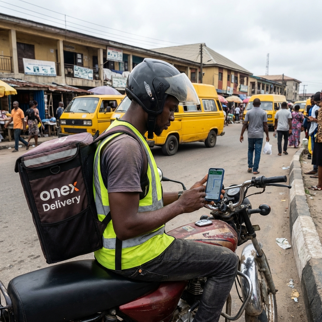 Nigerian delivery rider checking navigation
