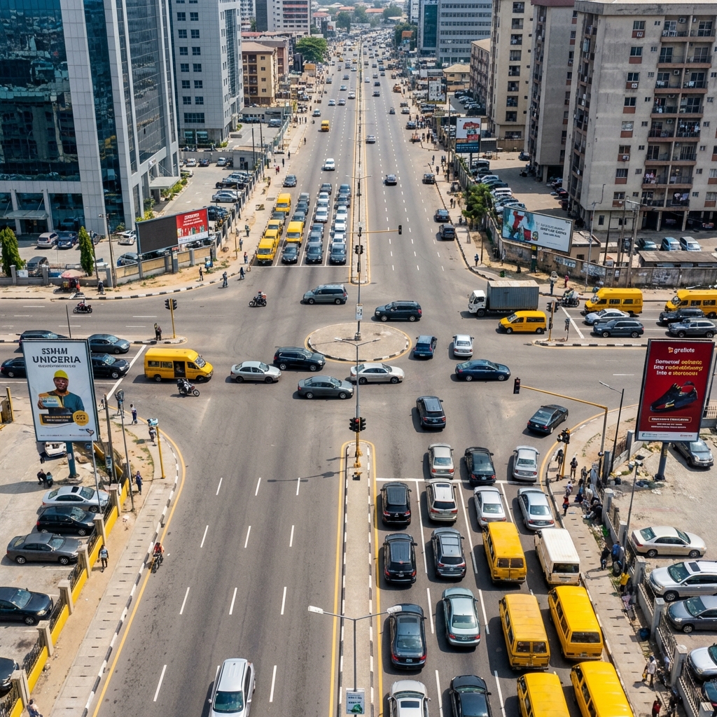 Nigerian road traffic aerial view