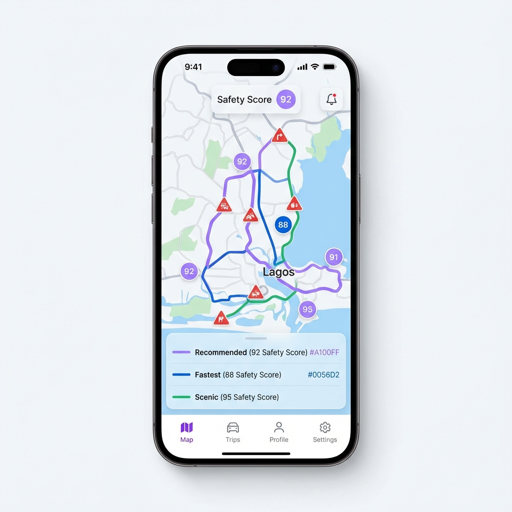 Route Guardian app interface showing Lagos routes